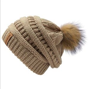 Real Fur Pom Pom Cable Knit Beanie Tan